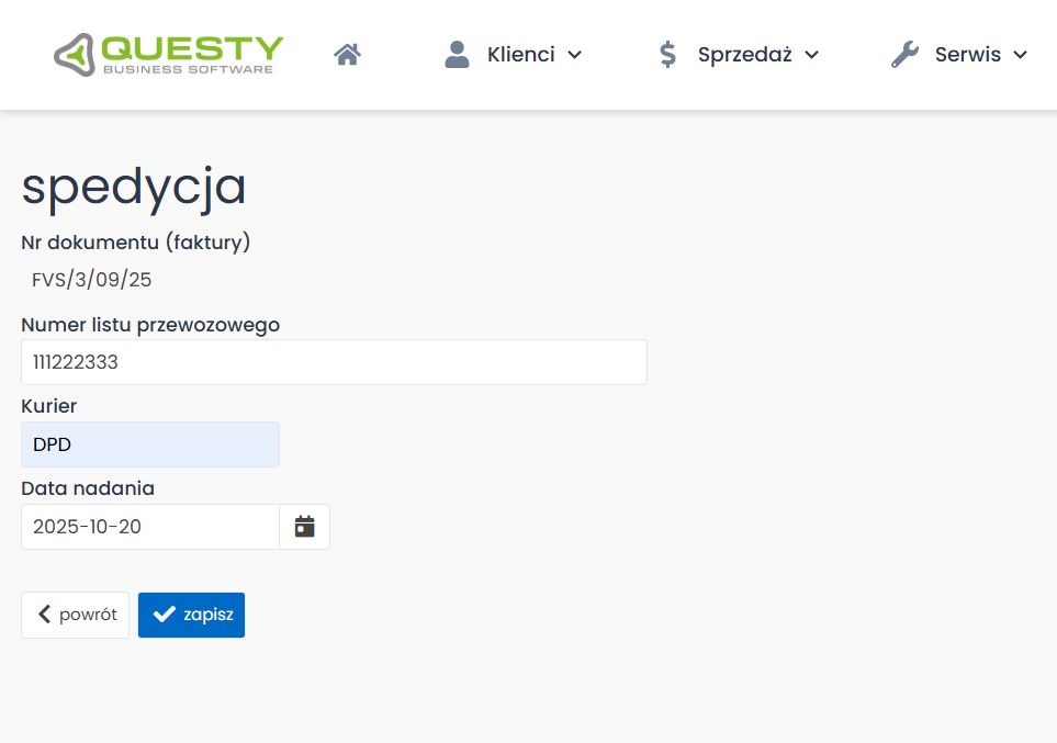 Zapisywanie dokumnetu spedycji